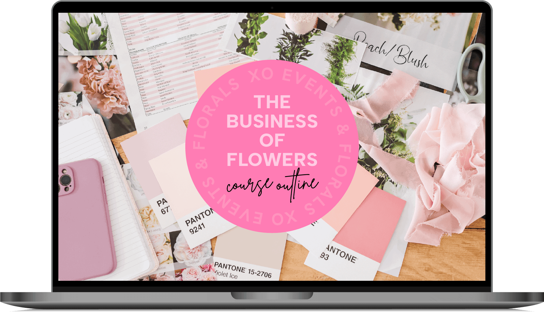 Course outline for XO Flowers' Business of Flowers class with floral samples.