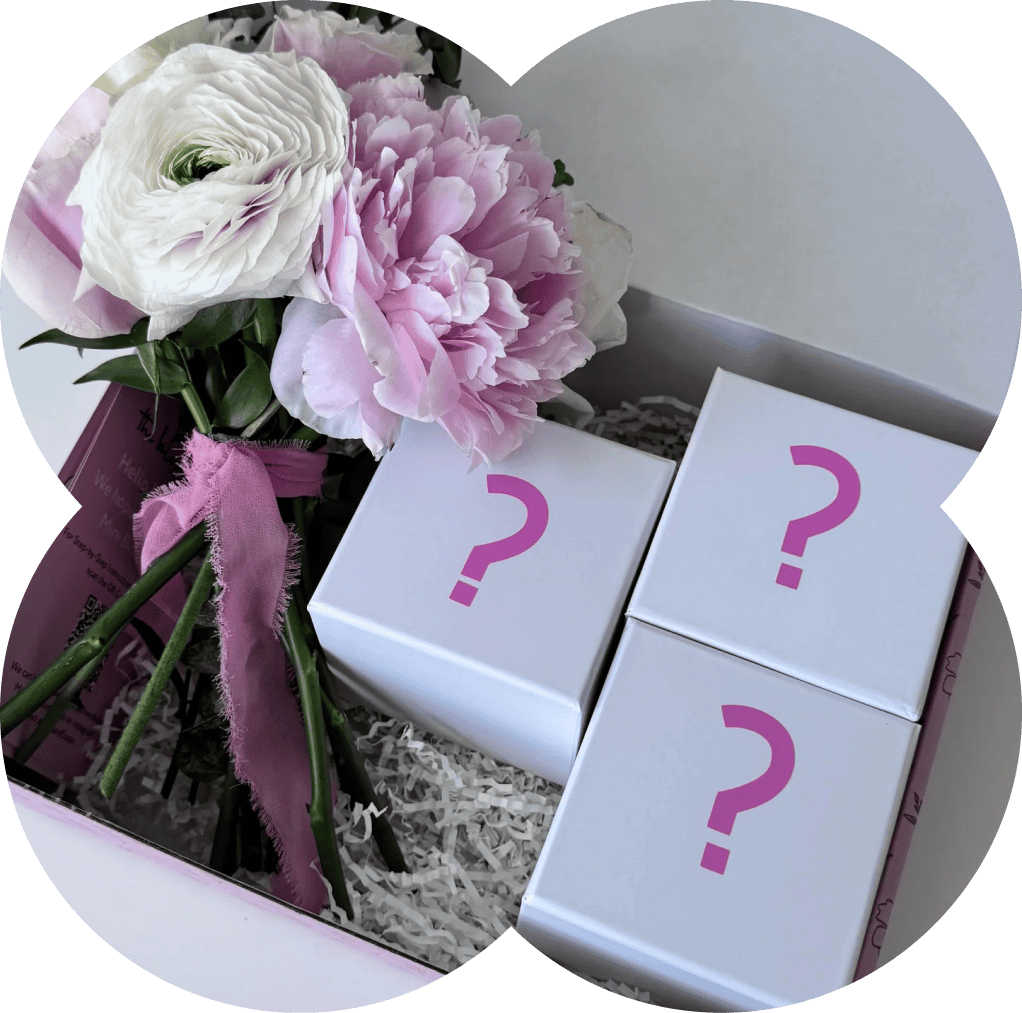 Beautiful pink and white flowers with gift boxes for special occasions.