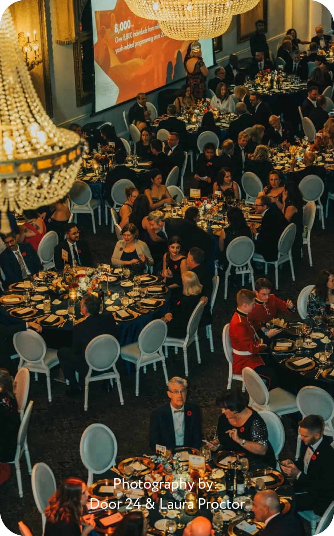 Guests enjoying a formal event with floral centerpieces and elegant decor.